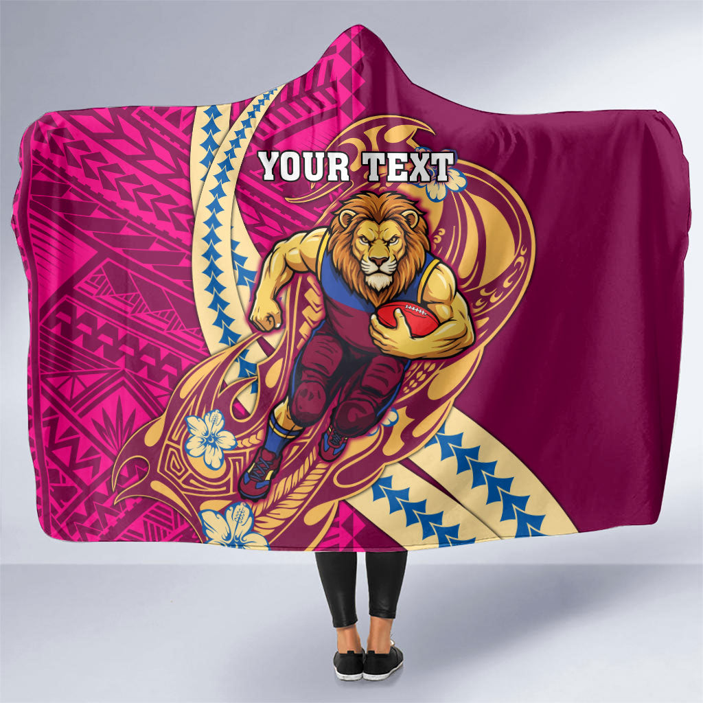 Personalized Brisbane Lions Hooded Blanket Polynesian Tribal Lion Mascot With Hibiscus Floral Art