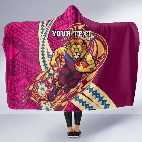 Personalized Brisbane Lions Hooded Blanket Polynesian Tribal Lion Mascot With Hibiscus Floral Art