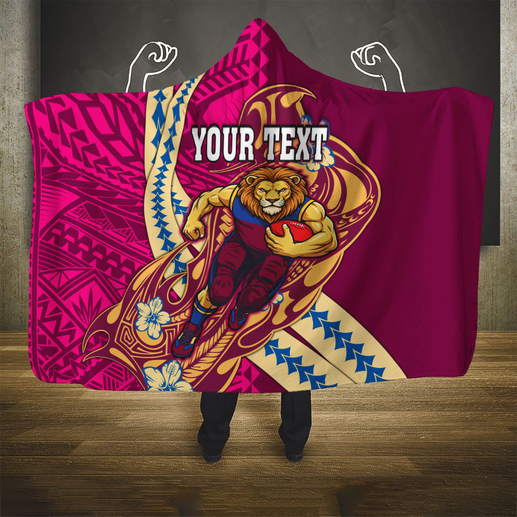 Personalized Brisbane Lions Hooded Blanket Polynesian Tribal Lion Mascot With Hibiscus Floral Art