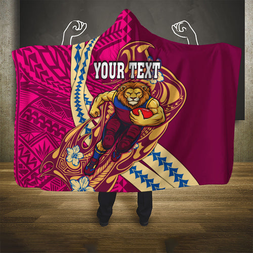 Personalized Brisbane Lions Hooded Blanket Polynesian Tribal Lion Mascot With Hibiscus Floral Art