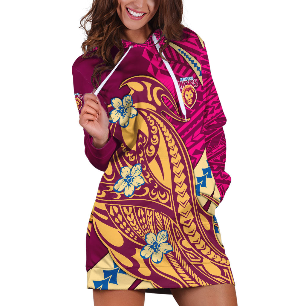 Personalized Brisbane Lions Hoodie Dress Polynesian Tribal Lion Mascot With Hibiscus Floral Art