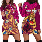 Personalized Brisbane Lions Hoodie Dress Polynesian Tribal Lion Mascot With Hibiscus Floral Art