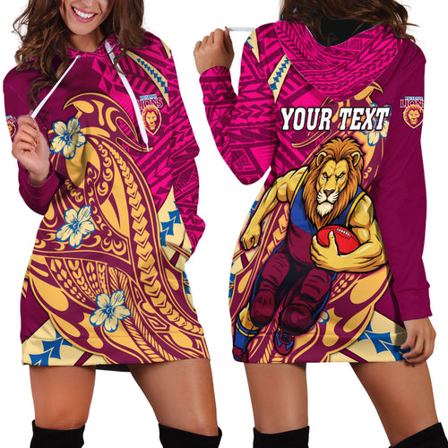 Personalized Brisbane Lions Hoodie Dress Polynesian Tribal Lion Mascot With Hibiscus Floral Art