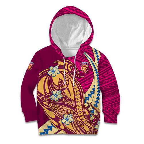 Personalized Brisbane Lions Kid Hoodie Polynesian Tribal Lion Mascot With Hibiscus Floral Art
