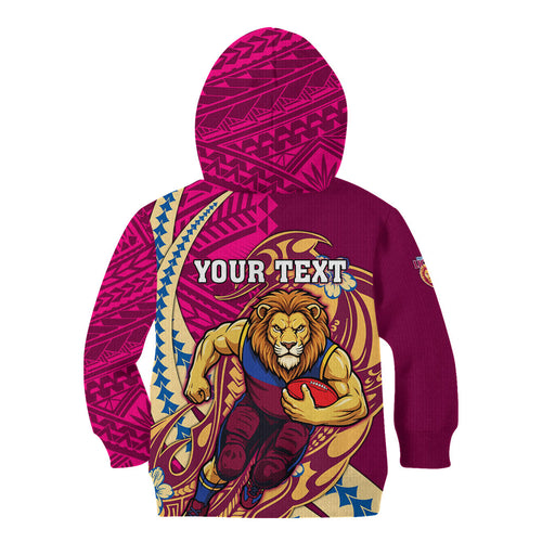 Personalized Brisbane Lions Kid Hoodie Polynesian Tribal Lion Mascot With Hibiscus Floral Art