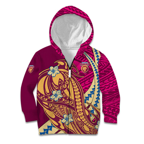 Personalized Brisbane Lions Kid Hoodie Polynesian Tribal Lion Mascot With Hibiscus Floral Art