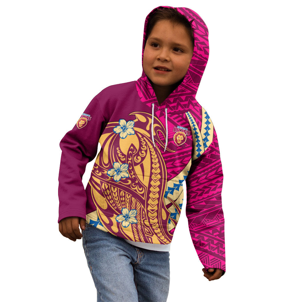 Personalized Brisbane Lions Kid Hoodie Polynesian Tribal Lion Mascot With Hibiscus Floral Art