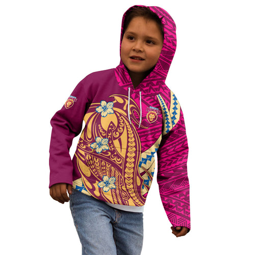 Personalized Brisbane Lions Kid Hoodie Polynesian Tribal Lion Mascot With Hibiscus Floral Art