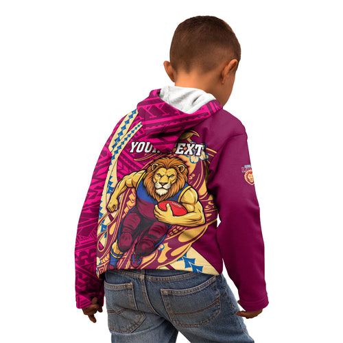 Personalized Brisbane Lions Kid Hoodie Polynesian Tribal Lion Mascot With Hibiscus Floral Art