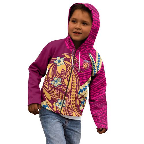Personalized Brisbane Lions Kid Hoodie Polynesian Tribal Lion Mascot With Hibiscus Floral Art