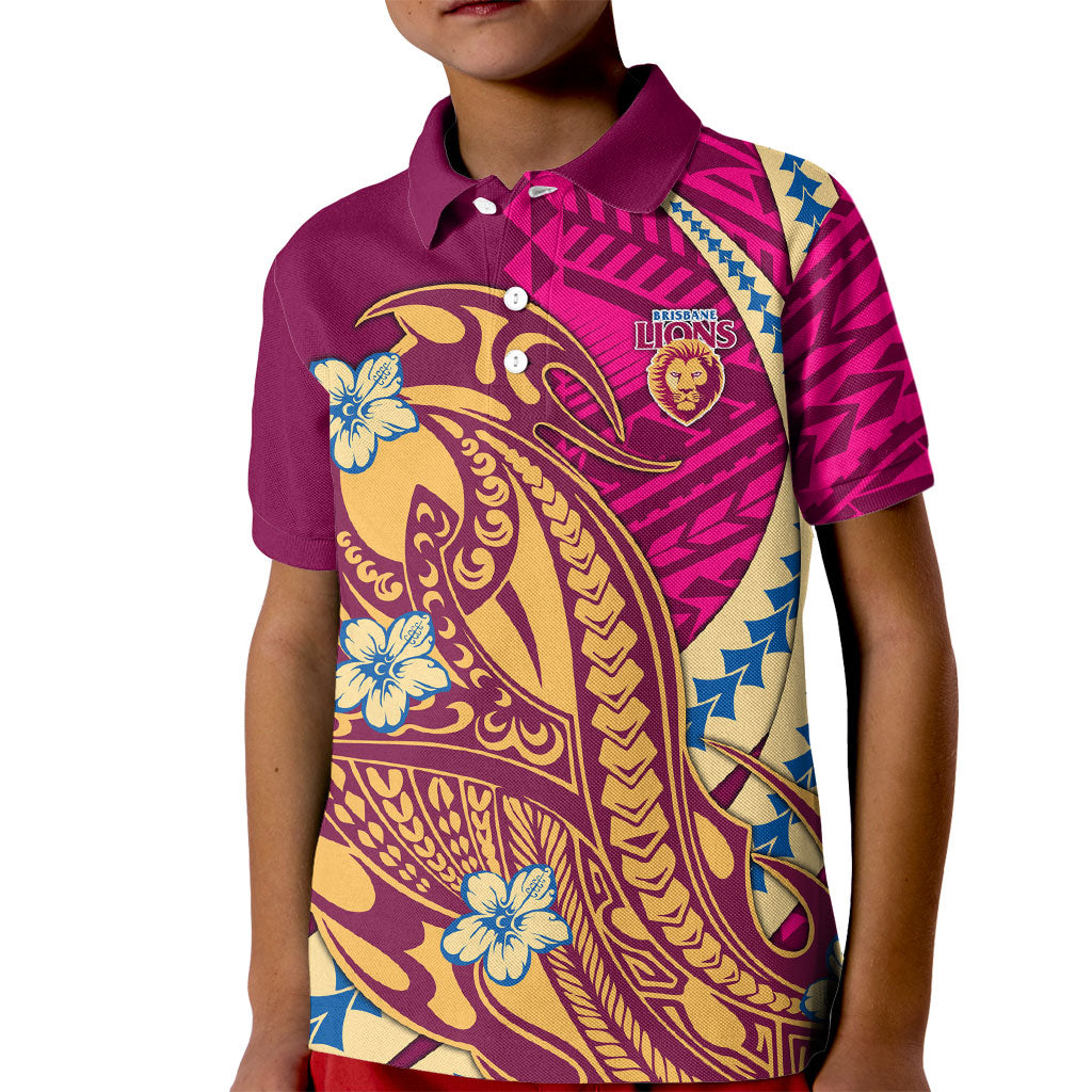 Personalized Brisbane Lions Kid Polo Shirt Polynesian Tribal Lion Mascot With Hibiscus Floral Art