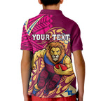 Personalized Brisbane Lions Kid Polo Shirt Polynesian Tribal Lion Mascot With Hibiscus Floral Art