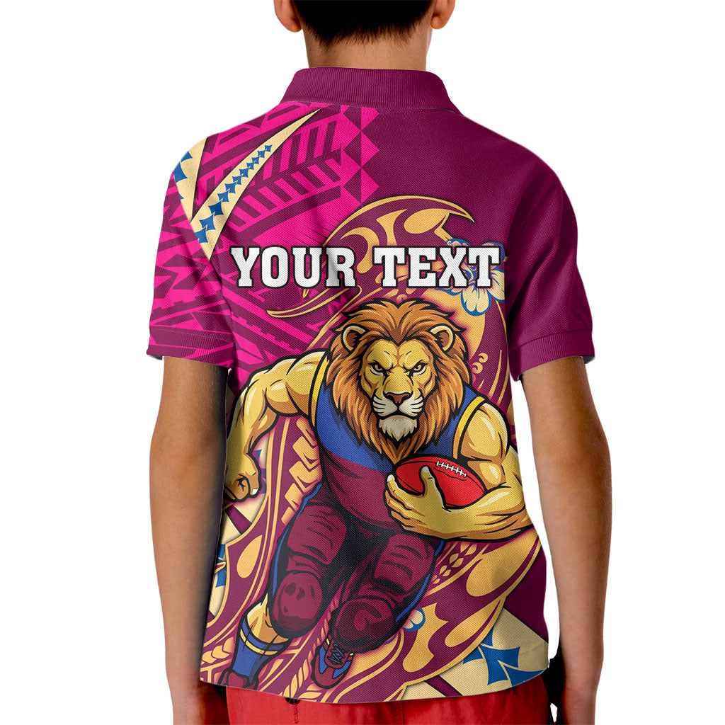 Personalized Brisbane Lions Kid Polo Shirt Polynesian Tribal Lion Mascot With Hibiscus Floral Art