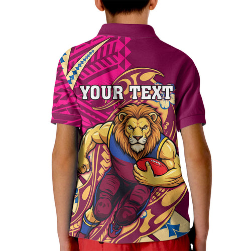 Personalized Brisbane Lions Kid Polo Shirt Polynesian Tribal Lion Mascot With Hibiscus Floral Art