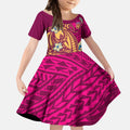 Personalized Brisbane Lions Kid Short Sleeve Dress Polynesian Tribal Lion Mascot With Hibiscus Floral Art