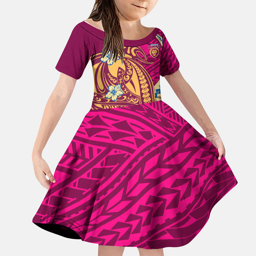 Personalized Brisbane Lions Kid Short Sleeve Dress Polynesian Tribal Lion Mascot With Hibiscus Floral Art