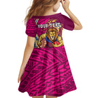 Personalized Brisbane Lions Kid Short Sleeve Dress Polynesian Tribal Lion Mascot With Hibiscus Floral Art