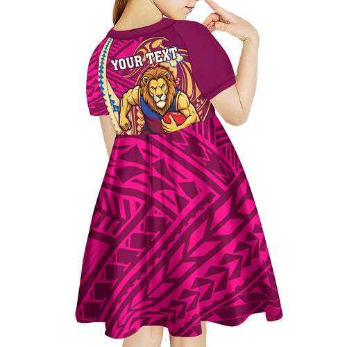 Personalized Brisbane Lions Kid Short Sleeve Dress Polynesian Tribal Lion Mascot With Hibiscus Floral Art