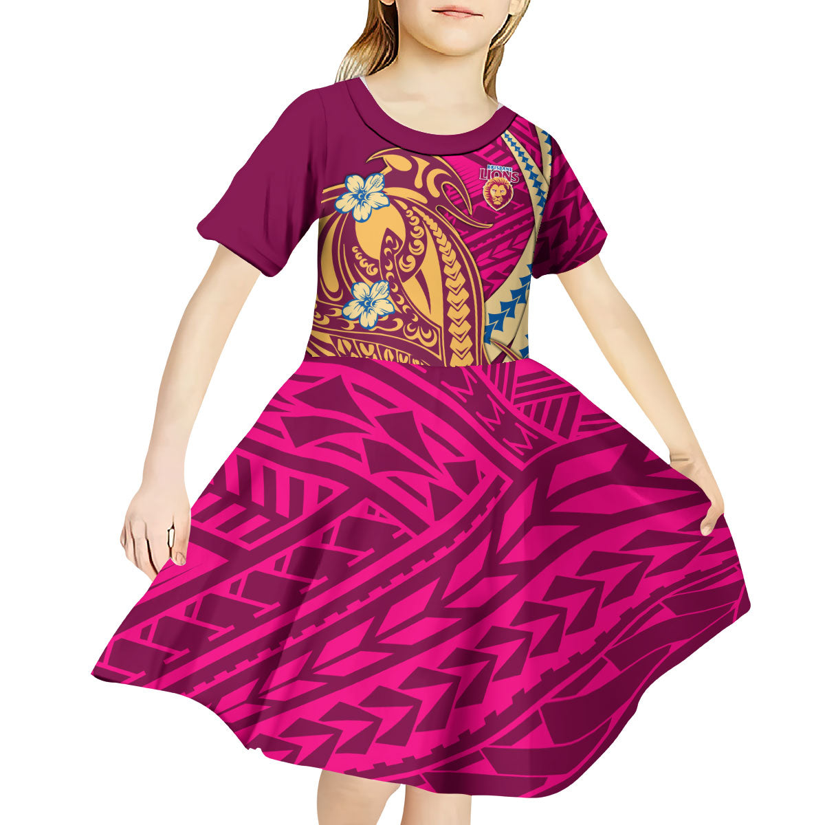 Personalized Brisbane Lions Kid Short Sleeve Dress Polynesian Tribal Lion Mascot With Hibiscus Floral Art