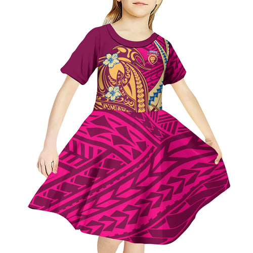 Personalized Brisbane Lions Kid Short Sleeve Dress Polynesian Tribal Lion Mascot With Hibiscus Floral Art