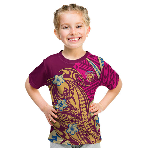 Personalized Brisbane Lions Kid T Shirt Polynesian Tribal Lion Mascot With Hibiscus Floral Art