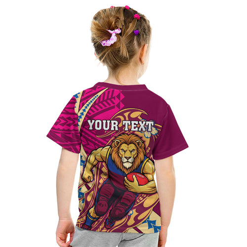Personalized Brisbane Lions Kid T Shirt Polynesian Tribal Lion Mascot With Hibiscus Floral Art