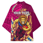 Personalized Brisbane Lions Kimono Polynesian Tribal Lion Mascot With Hibiscus Floral Art