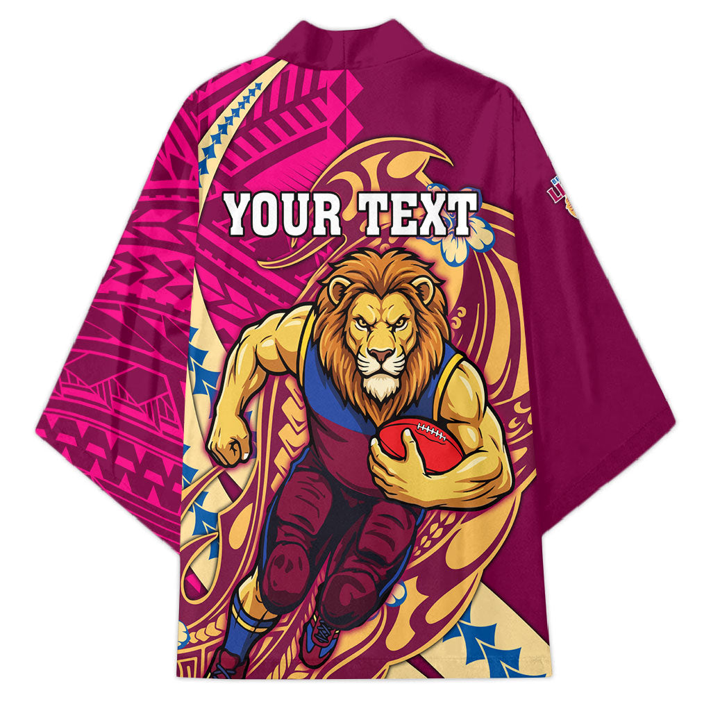 Personalized Brisbane Lions Kimono Polynesian Tribal Lion Mascot With Hibiscus Floral Art
