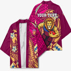 Personalized Brisbane Lions Kimono Polynesian Tribal Lion Mascot With Hibiscus Floral Art