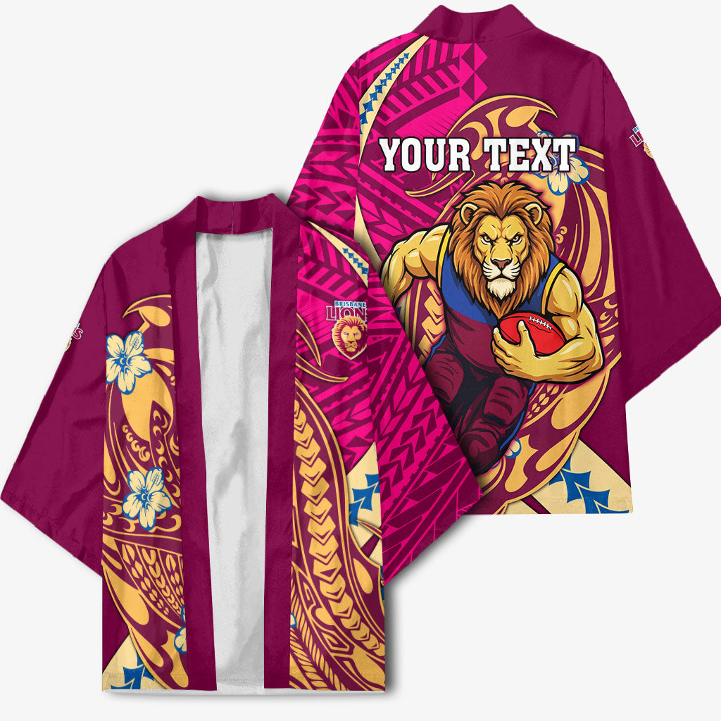 Personalized Brisbane Lions Kimono Polynesian Tribal Lion Mascot With Hibiscus Floral Art