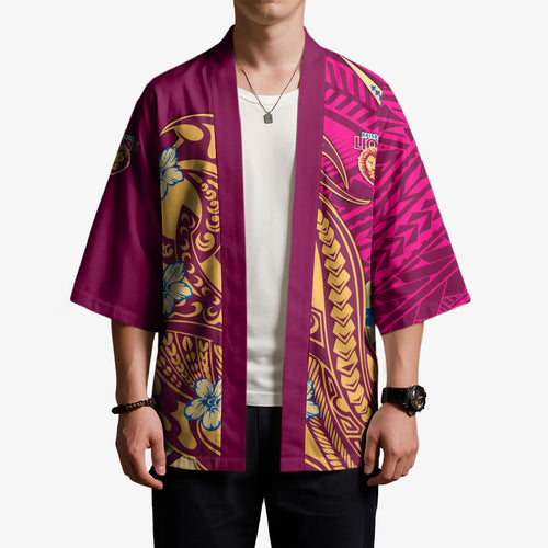 Personalized Brisbane Lions Kimono Polynesian Tribal Lion Mascot With Hibiscus Floral Art