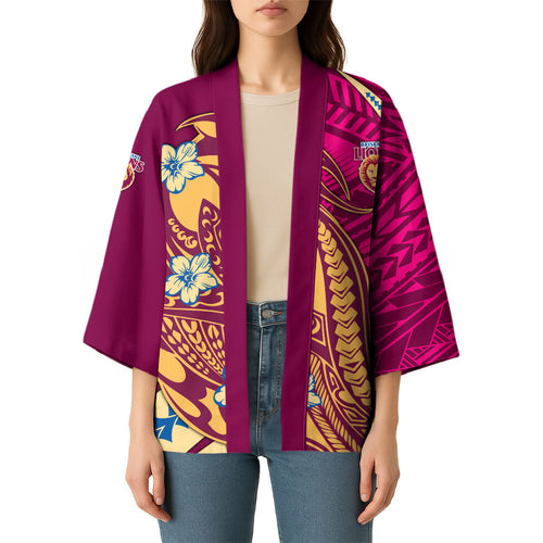 Personalized Brisbane Lions Kimono Polynesian Tribal Lion Mascot With Hibiscus Floral Art