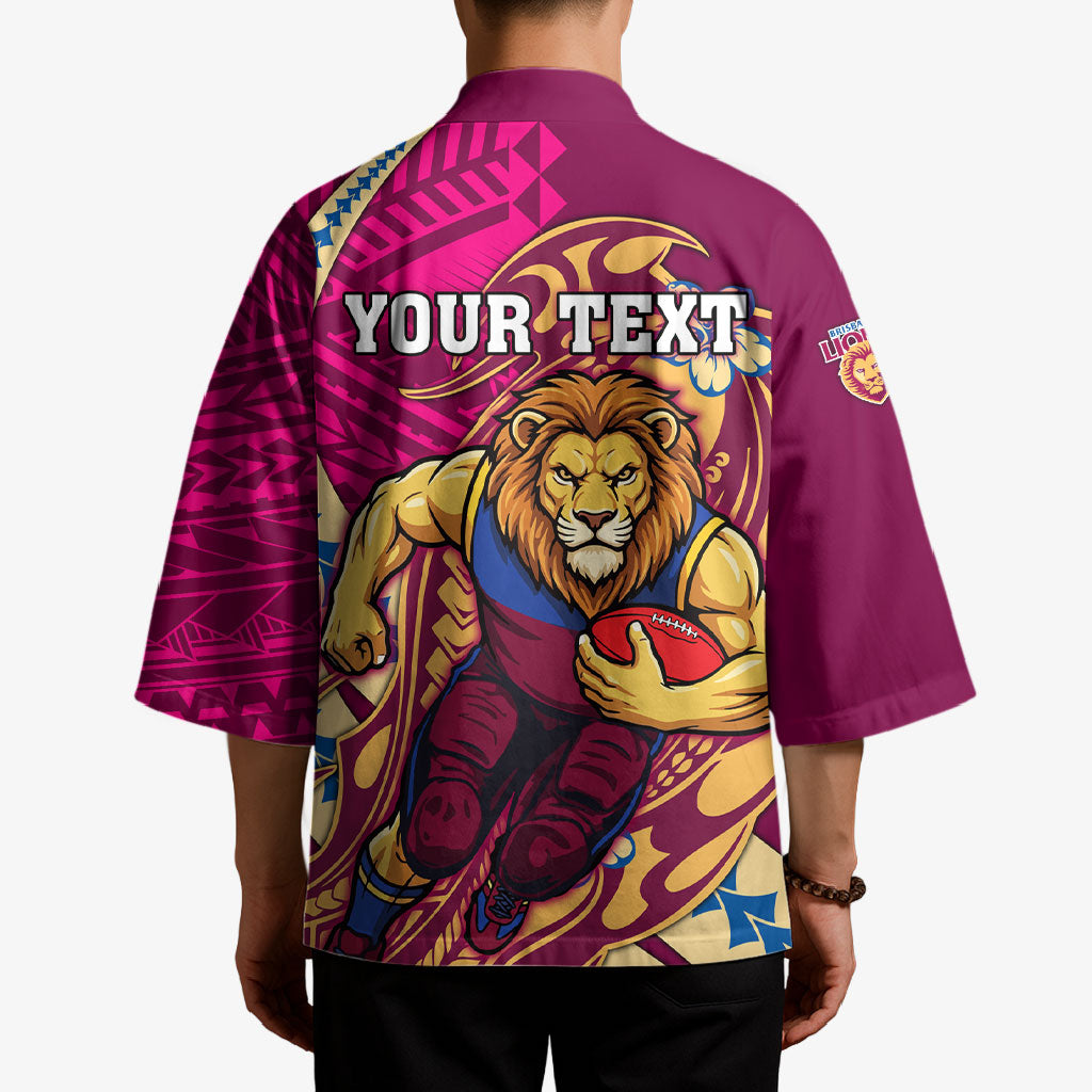 Personalized Brisbane Lions Kimono Polynesian Tribal Lion Mascot With Hibiscus Floral Art