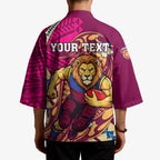 Personalized Brisbane Lions Kimono Polynesian Tribal Lion Mascot With Hibiscus Floral Art