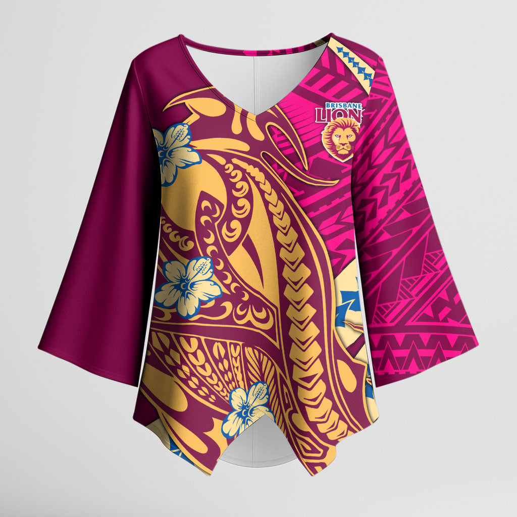 Personalized Brisbane Lions Kimono Sleeve Blouse Polynesian Tribal Lion Mascot With Hibiscus Floral Art