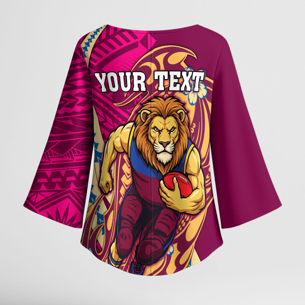 Personalized Brisbane Lions Kimono Sleeve Blouse Polynesian Tribal Lion Mascot With Hibiscus Floral Art