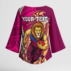 Personalized Brisbane Lions Kimono Sleeve Blouse Polynesian Tribal Lion Mascot With Hibiscus Floral Art