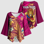 Personalized Brisbane Lions Kimono Sleeve Blouse Polynesian Tribal Lion Mascot With Hibiscus Floral Art