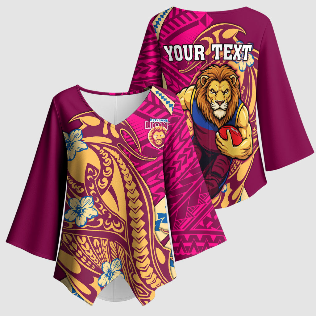Personalized Brisbane Lions Kimono Sleeve Blouse Polynesian Tribal Lion Mascot With Hibiscus Floral Art