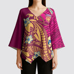 Personalized Brisbane Lions Kimono Sleeve Blouse Polynesian Tribal Lion Mascot With Hibiscus Floral Art