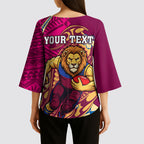 Personalized Brisbane Lions Kimono Sleeve Blouse Polynesian Tribal Lion Mascot With Hibiscus Floral Art