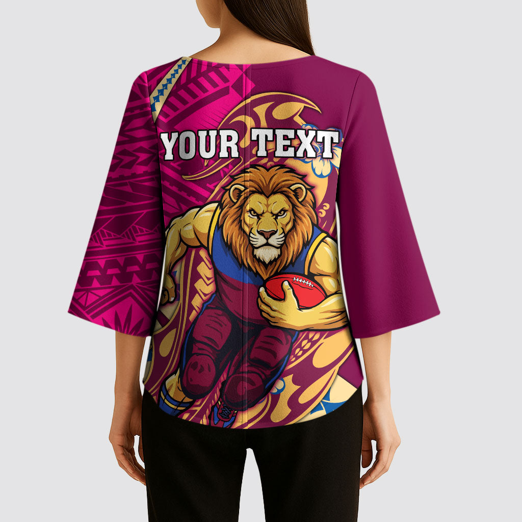 Personalized Brisbane Lions Kimono Sleeve Blouse Polynesian Tribal Lion Mascot With Hibiscus Floral Art