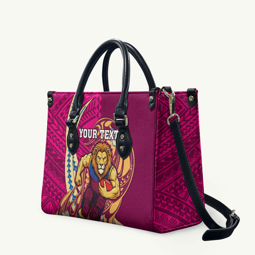 Personalized Brisbane Lions Leather Bag Polynesian Tribal Lion Mascot With Hibiscus Floral Art