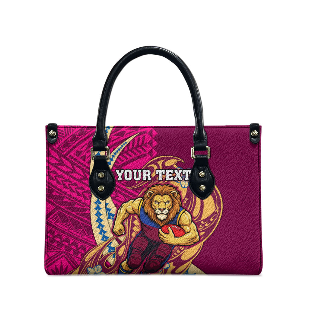 Personalized Brisbane Lions Leather Bag Polynesian Tribal Lion Mascot With Hibiscus Floral Art
