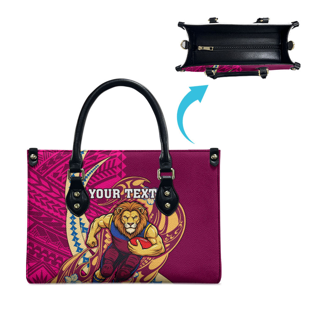Personalized Brisbane Lions Leather Bag Polynesian Tribal Lion Mascot With Hibiscus Floral Art