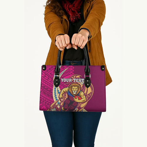 Personalized Brisbane Lions Leather Bag Polynesian Tribal Lion Mascot With Hibiscus Floral Art