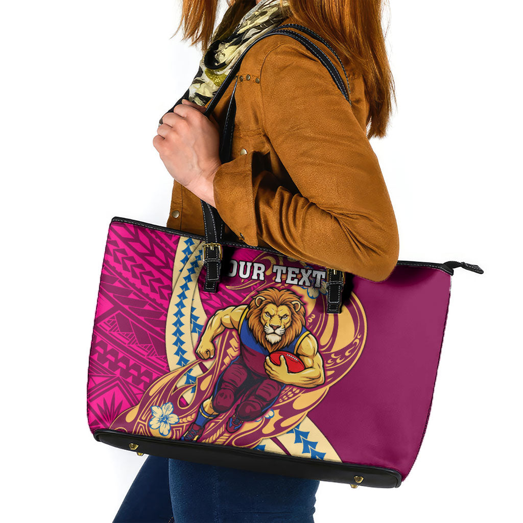 Personalized Brisbane Lions Leather Tote Bag Polynesian Tribal Lion Mascot With Hibiscus Floral Art