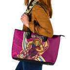 Personalized Brisbane Lions Leather Tote Bag Polynesian Tribal Lion Mascot With Hibiscus Floral Art