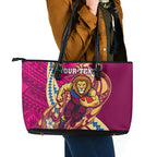 Personalized Brisbane Lions Leather Tote Bag Polynesian Tribal Lion Mascot With Hibiscus Floral Art