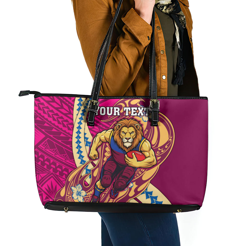 Personalized Brisbane Lions Leather Tote Bag Polynesian Tribal Lion Mascot With Hibiscus Floral Art